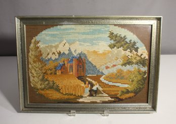 Vintage Framed Needlepoint Tapestry Of A Scenic Castle Landscape