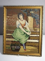 Vintage Handcrafted Tapestry Of Woman Sitting On Stairs