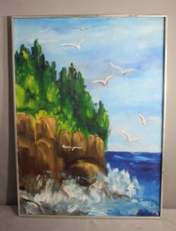 Coastal Seascape Painting With Cliff And Seagulls - 30.25' X 22.25'