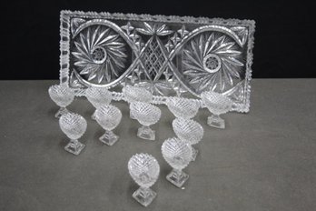 Vintage Pressed  Glass Sawtooth And Diamond Pattern Serving Tray And 11 Footed Coupes