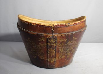 Antique English Leather Hat Box With Ornate Gold Embossing