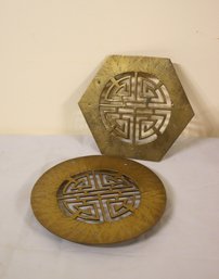 Two Vintage Brass-tone  Footed Pierces Trivets - Circle And Hexagon