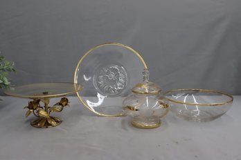 Group Lot Of Vintage Gold Rimmed Glass Bowls And Metal Rose Petal Pedestal Plate