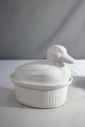 Vintage White Pottery Duck-figural Lid Covered Terrine