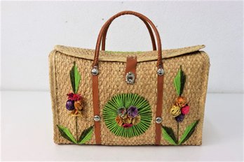Vintage Mexico Taxco Woven Straw Bag With Colorful Flowers