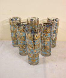 Set Of 6 Vintage Gold On Turquoise Highball Glasses In The Style Of Culver