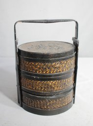 Vintage Asian-Inspired Tiered Woven Lunch Box With Bamboo Handle