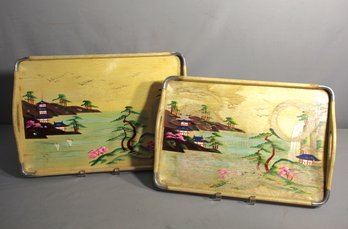 Pair Of Japanese Bamboo Serving Tray Set With Hand-Painted Scenery