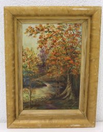 Autumnal Landscape Oil On Board, Signed N.L. Merry - In Blonde Wood Frame