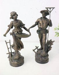 Vintage French Farming Couple Figurines Bronze-tone Over Spelter  Metal