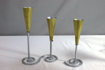 Two Wrought Iron And Gold-tone Taper Candlesticks, A Double And A Single