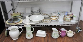 Shelf Lot Of Quaint Ceramic Plates, Bowls, Pitchers, Tableware And Decorative Items