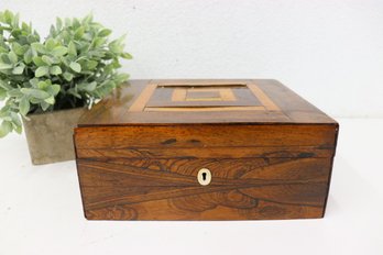 Antique Mixed Hardwood Veneer Decorated Writing Box - 1878 Paper Calendar Attached Inside SOME LOSSES