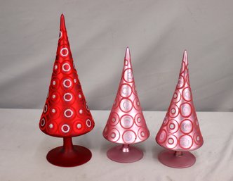 Group Lot Of 3  Pink & Red Satin Glass Velvet Glitter Mod Circle Pattern Christmas Tree Figurines