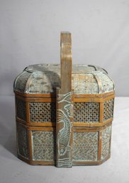 Exotic Handcrafted Woven Fishing Basket With Carved Fish Details