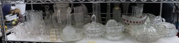 Shelf Lot Of Varied Patterned Glass, Cut Glass, And Crystal