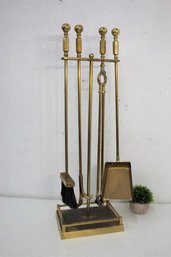 Brass Fireplace Tools - Shovel, Brush, Poker And Tongs - On Rectangular Brass Base