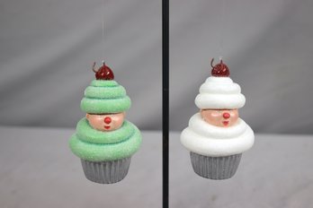 Two Vintage  Green And White Glittery Little Man Trapped In Icing Landslide Cupcake Ornaments