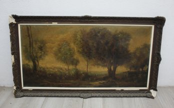 Signed Antique Landscape Painting With Ornate Frame (Frame Damage)