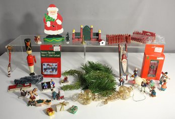 Large Assorted Lot Of Christmas Village Accessories & Figurines  Fences, Miniatures, And Vintage Ornaments