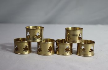 Group Lot Of 6 Golden Color Christmas Tree Pierced Napkin Rings