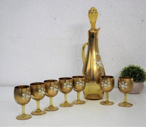 Vintage Bohemian Glass Decanter And Wine Glass Set - Gold Plated And Flower Painted  Amber Glass