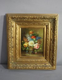 Opulent Floral Still Life Painting In Gilded Wooden Frame, Signed