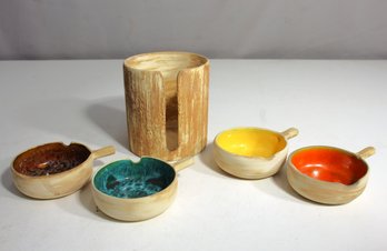 Set Of 4 Nested Wooden -like Bowls With Colorful Interiors And Holder