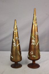 Set Of 2 Gold Satin Glass With White Branch Relief Cone Tree Christmas Tabletop Decor
