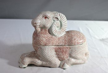 White & Red Aries Ram Figurine Lidded Dish