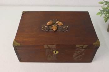 Vintage Mahogany Lidded Box With Three Acorn Relief And Brass Fitments