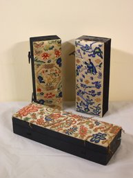 Group Lot Of Three Chinese Shoushan Embroidery Decorated Wax Seal/Calligraphy Boxes
