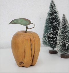 Artisan Signed Turned Wood Apple With Verdigris Metal Leaf And Stem