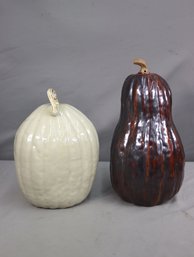 Set Of Glazed Ceramic White Pumpkin And Sepia Striped Gourd