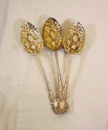 Three Vintage Ornate Repousse And Engraved Berry Spoons