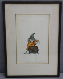 Original 1971 Pen & Ink Drawing Of  Witch At Cauldron, Signed By Victoria Chess, Framed