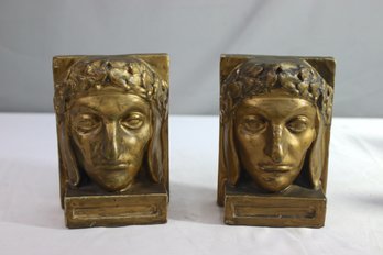 Faux Gilt Patina Neoclassical Masks Bookends