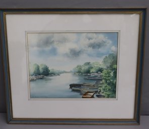 Framed Original Watercolor 'the Thames At Simbury'