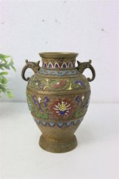 Vintage Japanese Brass Champlev Enamel Dragon Handle Vase