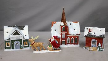 Vintage Goebel Nordic Village Snow-Capped Church, School, And House With Santa & Rudolf Figurine