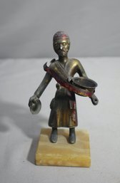 Vintage Metal Statuette Figurine Of Old Man Merchant With Bowl On Onyx Base