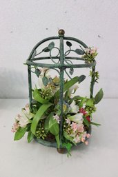 Decorative Distressed Faux Patina Birdcage With Artificial Flowers
