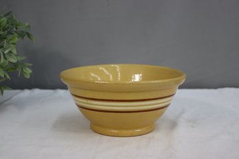Vintage Yellow Ware Bowl With White And Brown Banded Pinstripes