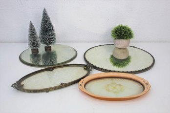 Group Of 4 Vintage Metal & Glass Small Presentation Trays - Mirrored, Painted, Textured, And Patterned Glass