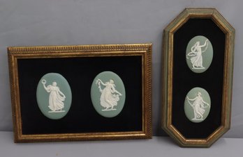 Two Mounted & Framed Sets Of Vintage Wedgwood Jasperware White/Green Oval Medallions