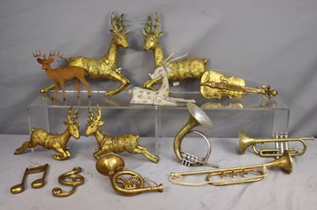 Group Lot Of Mostly Golden Christmas Music-themed And Reindeer Ornaments
