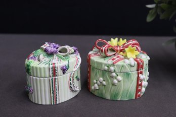 Two Fitz & Floyd Essentials Porcelain Flowers & Bows Round Trinket Boxes