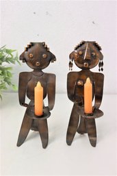Vintage Pedro Pujol Pair Of Modernist Standing Copper Figural Candleholders