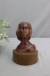 Small Woman Glazed Bust On A Wooden Base