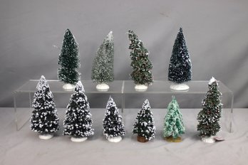 Group Lot Of 10 Snow Draped Bottle Brush Christmas Trees